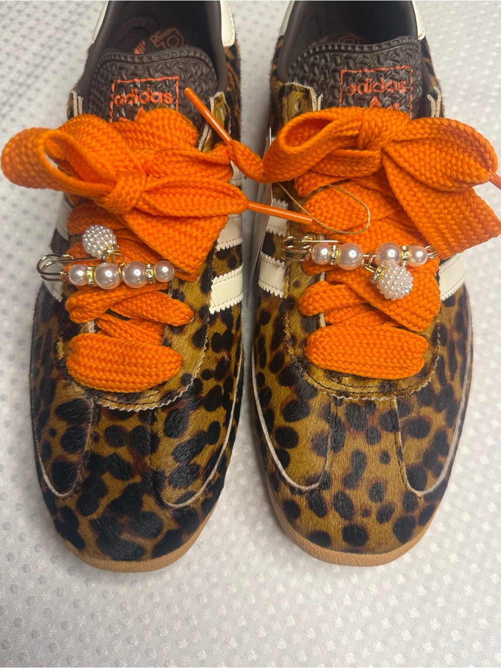 adidas Leopard Print Sneakers with Orange Laces and Pearl Charms - Picture 7 of 9